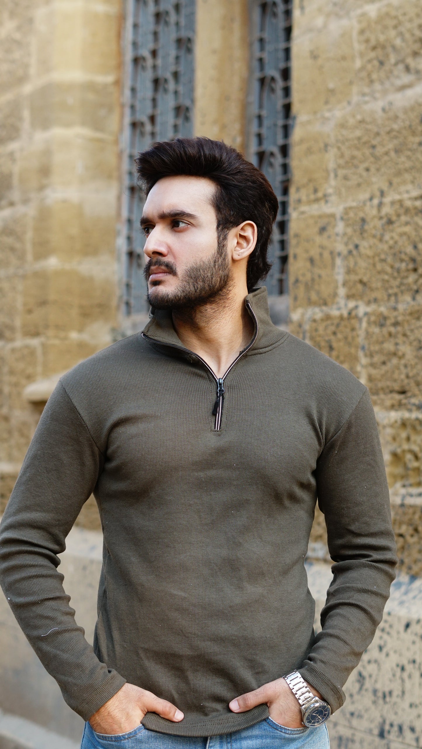 Mens half zipper knitted long sleeves olive green and gray - Premium Sweatshirts from The Divine Shop - Just Rs.1799! Shop now at The Divine Shop