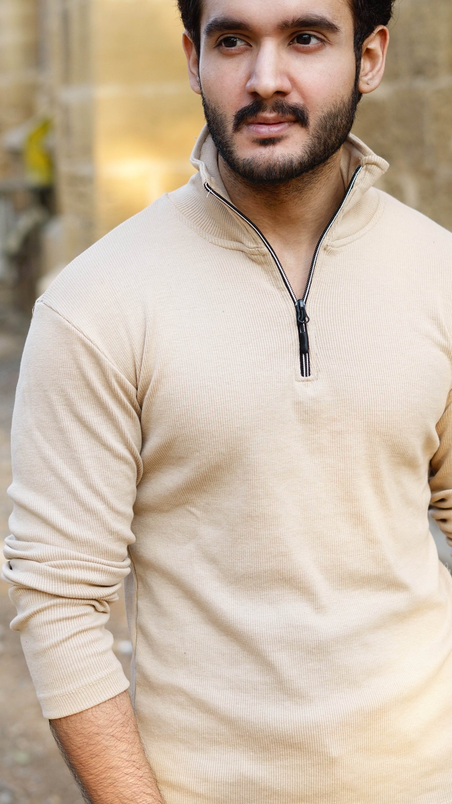 Beige half zipper knitted long sleeves pullover - The Divine Shop