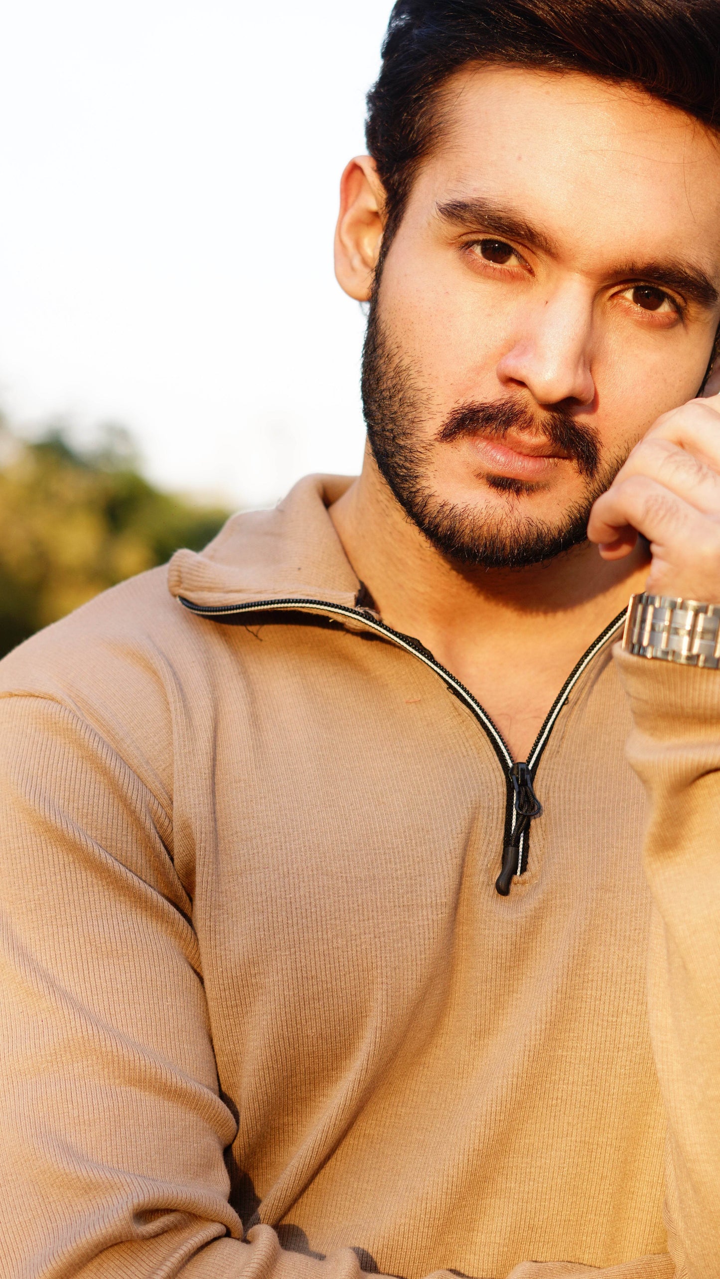 Beige knitted long sleeves half zipper menswear - The Divine Shop