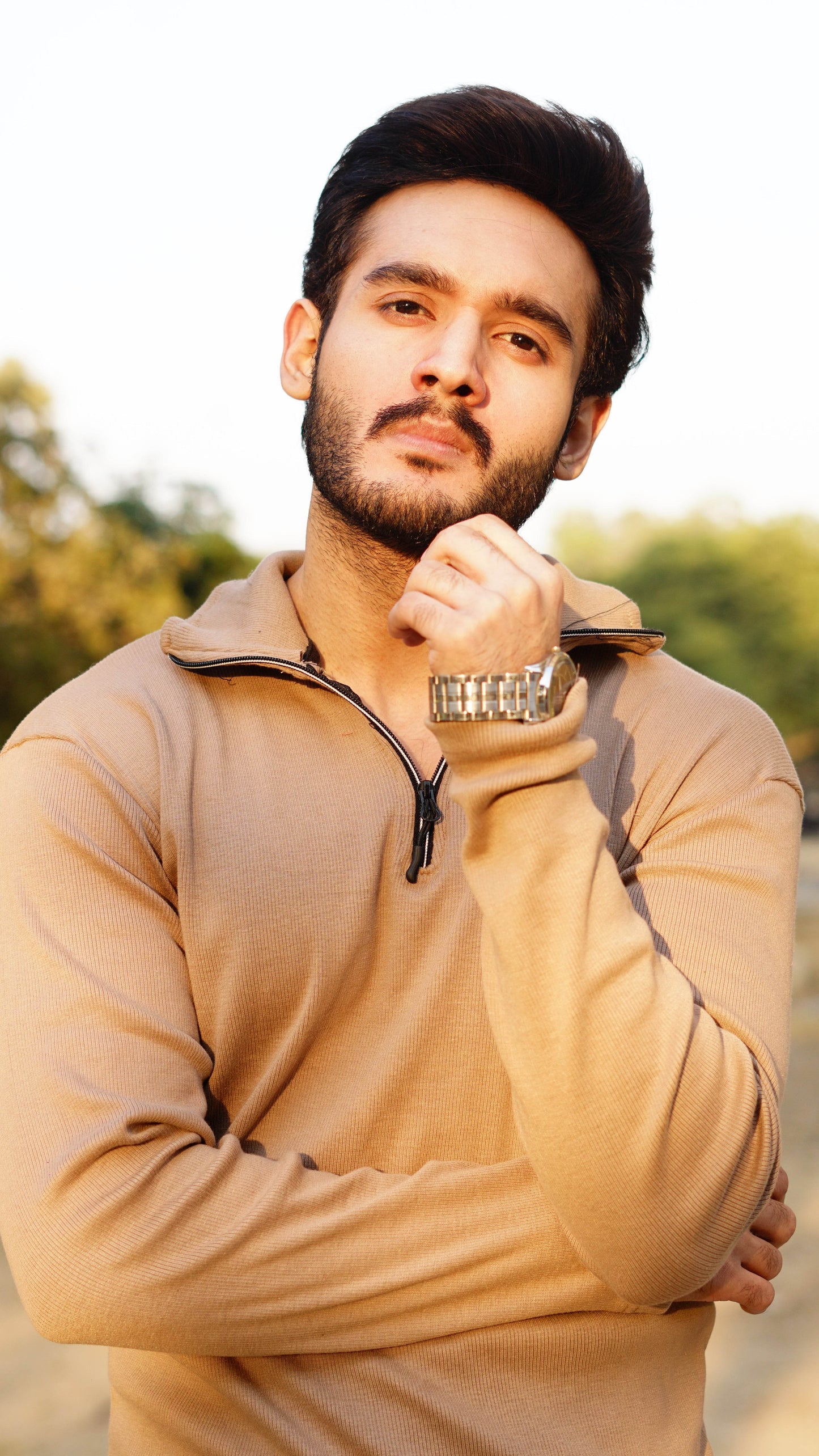 Beige knitted long sleeves half zipper menswear - The Divine Shop