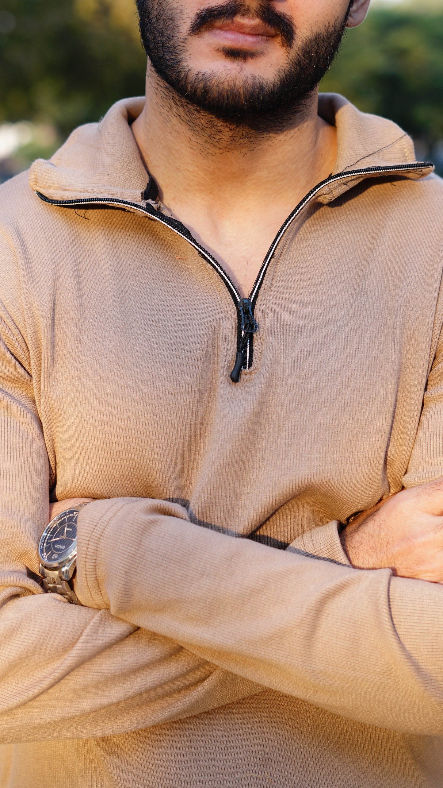 Beige knitted long sleeves half zipper menswear - The Divine Shop
