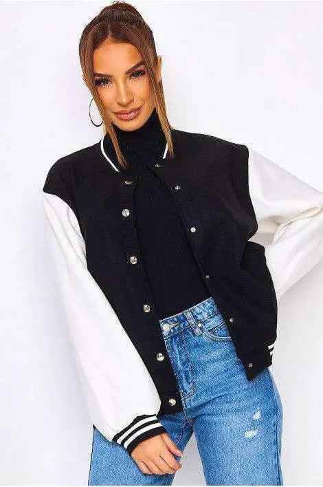 Black and white baseball varsity bomber jacket woman - The Divine Shop