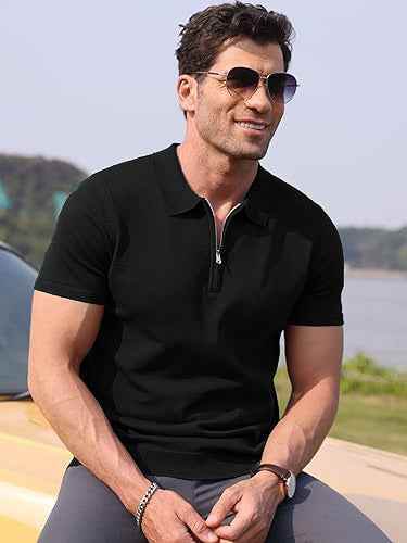 Mens black zipper polo shirt outfit - The Divine Shop