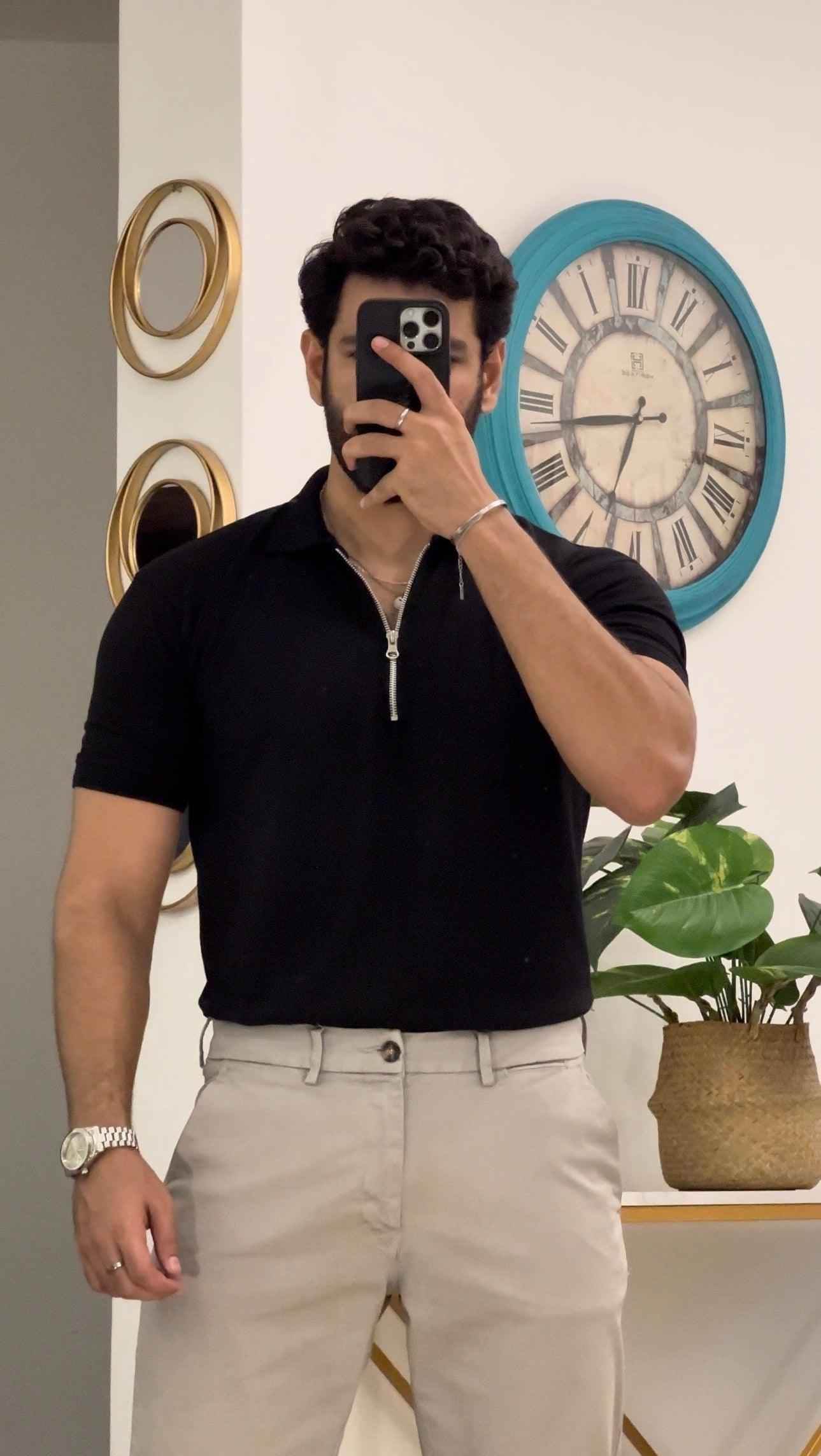 Mens black zipper polo shirt outfit - The Divine Shop
