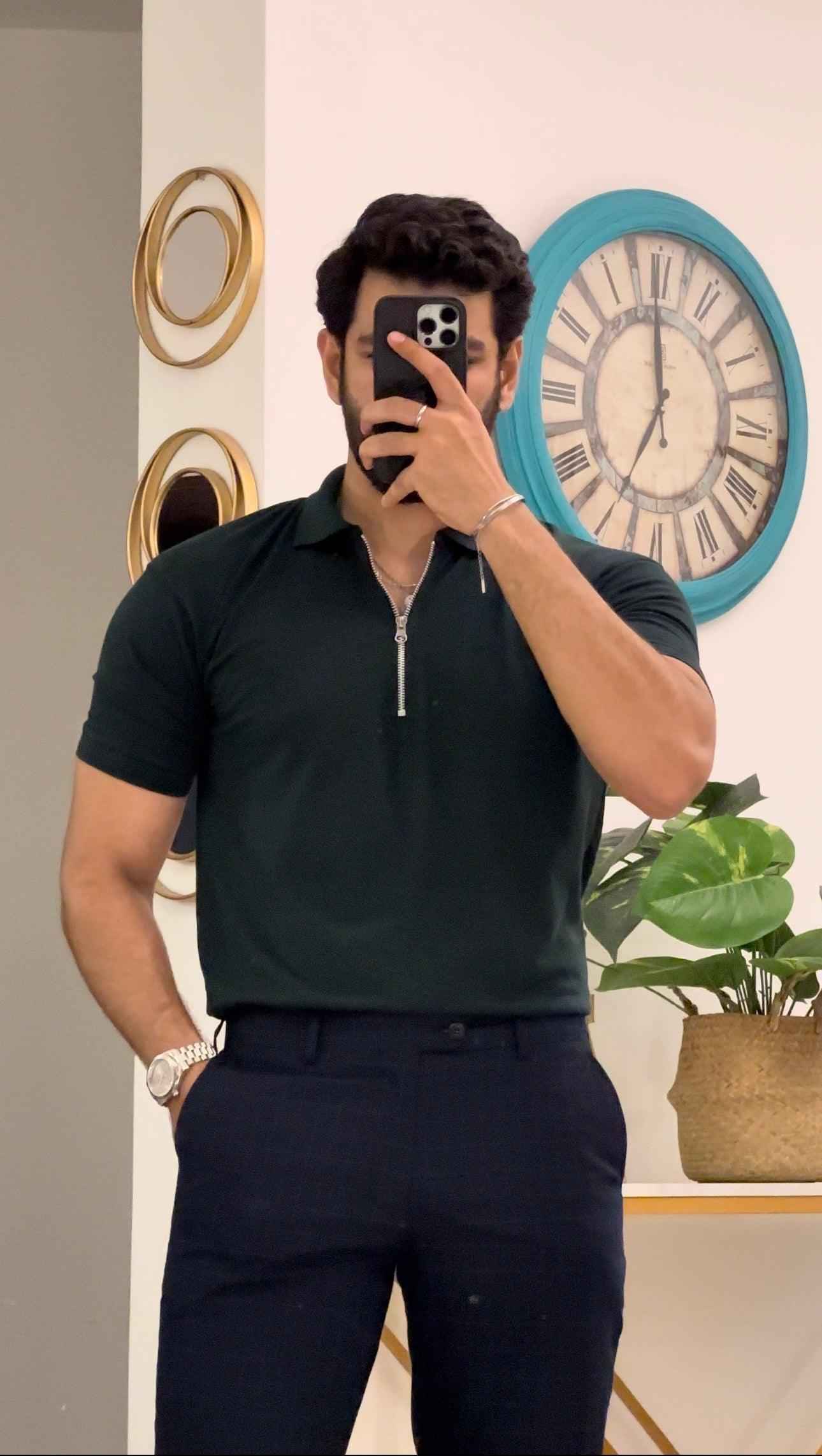 Mens bottle green zipper polo shirt - Premium Polo T-Shirt from The Divine Shop - Just Rs.2250! Shop now at The Divine Shop