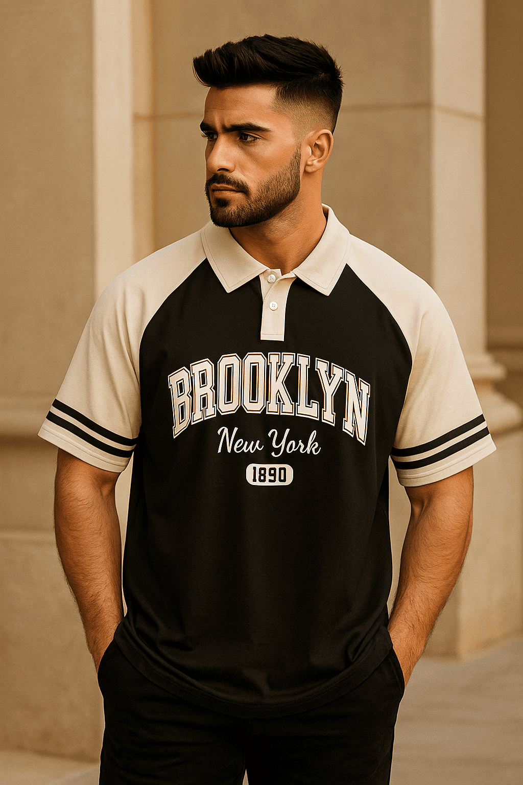 Brookyln printed polo T shirt in jersi Black & White - Premium Polo T-Shirt from The Divine Shop - Just Rs.1199! Shop now at The Divine Shop