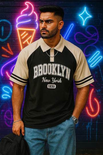 Brookyln printed polo T shirt in jersi Black & White - The Divine Shop