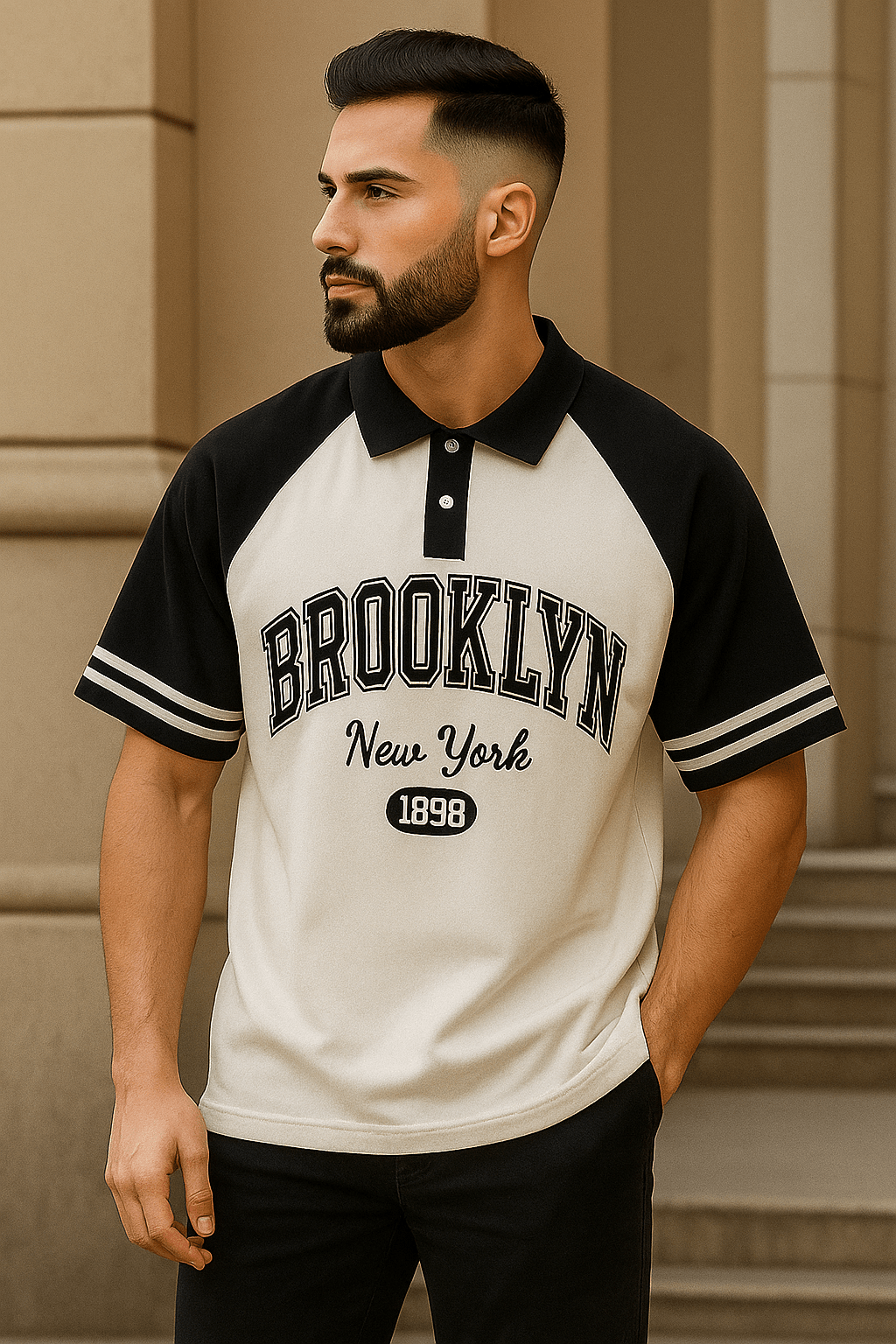 Brookyln printed polo T shirt in jersi Black - The Divine Shop