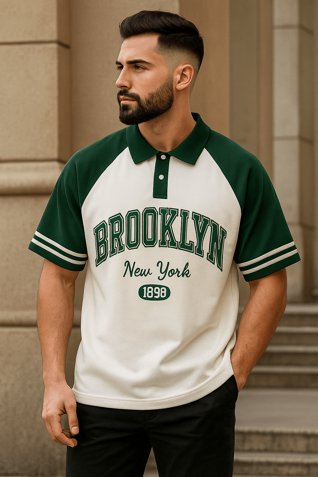 Brookyln printed polo T shirt in jersi White & Green - The Divine Shop