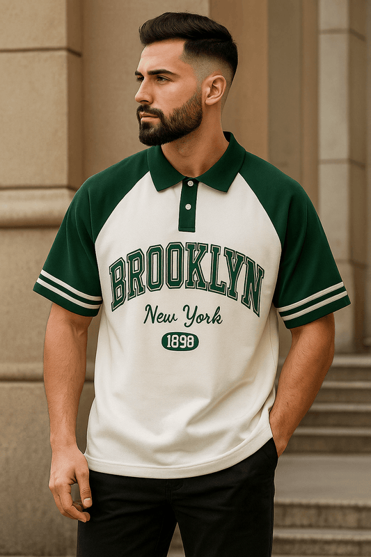 Brookyln printed polo T shirt in jersi White & Green - The Divine Shop