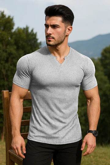 Cotton Knitted Half Sleeves T-Shirt Hazel Grey. - Premium waffle knitted t-shirt from The Divine Shop - Just Rs.1550! Shop now at The Divine Shop