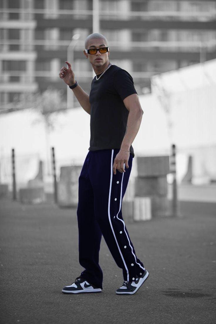 Manfinity Men Contrast Tape Button Side Drawstring Waist Sweatpants Navy Blue - Premium Trouser from The Divine Shop - Just Rs.2250! Shop now at The Divine Shop