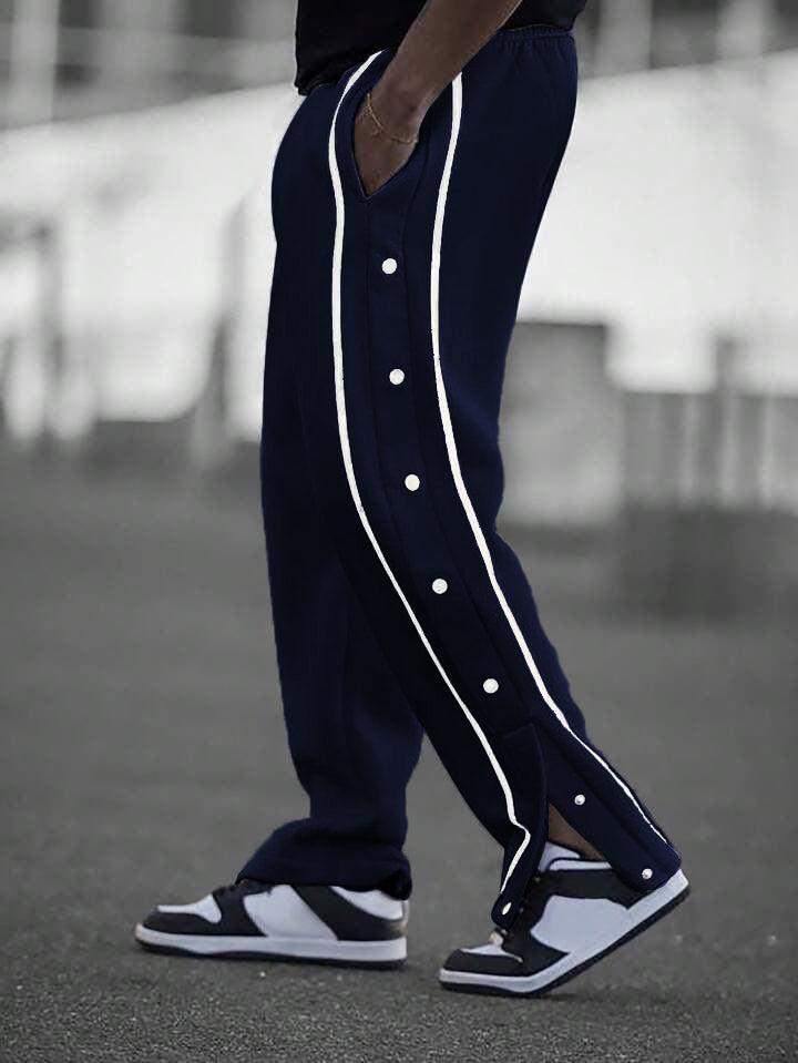 Manfinity Men Contrast Tape Button Side Drawstring Waist Sweatpants Navy Blue - Premium Trouser from The Divine Shop - Just Rs.2250! Shop now at The Divine Shop