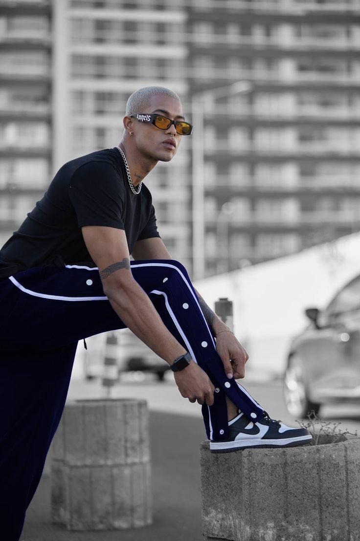 Manfinity Men Contrast Tape Button Side Drawstring Waist Sweatpants Navy Blue - Premium Trouser from The Divine Shop - Just Rs.2250! Shop now at The Divine Shop