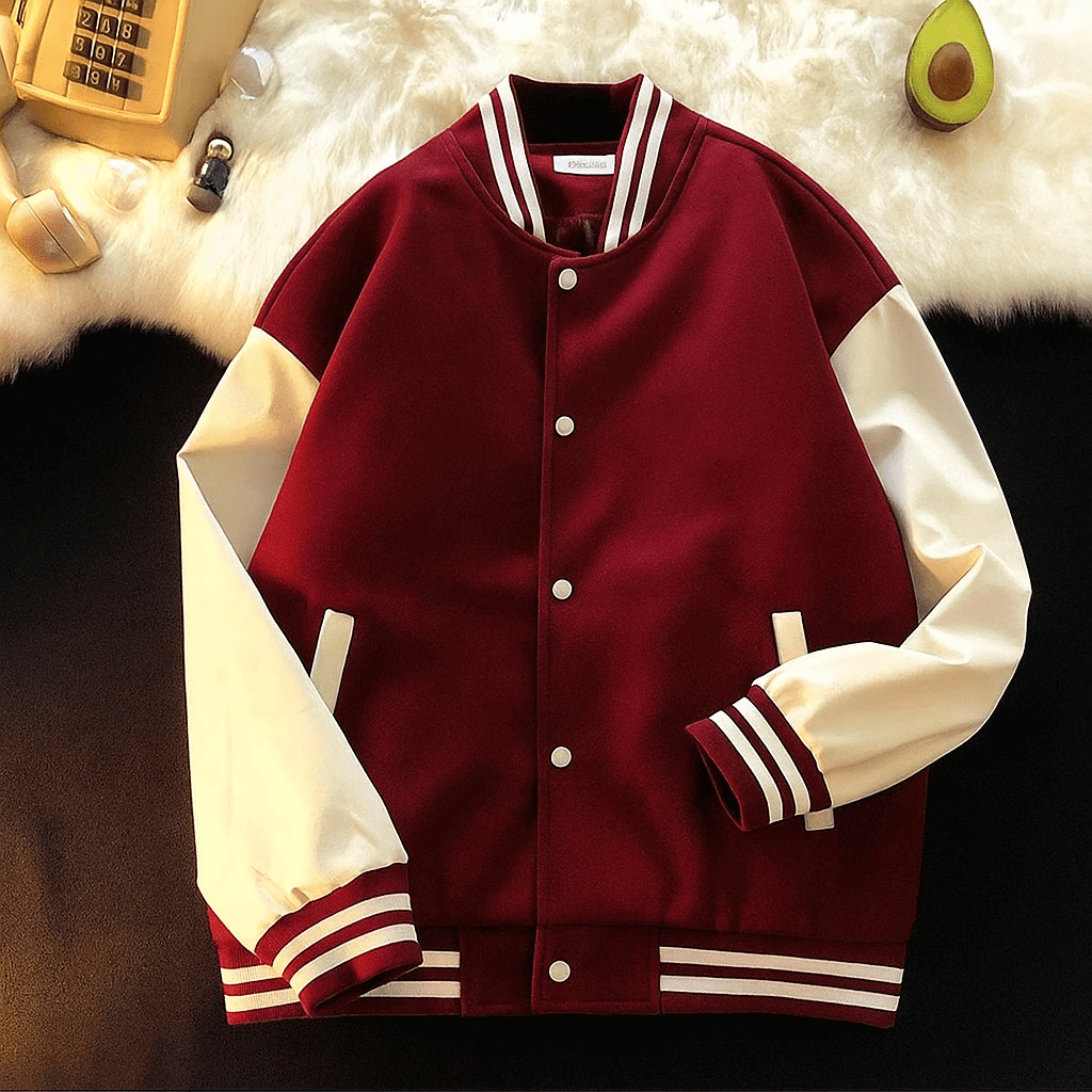Maroon and white varsity jacket - Premium Baseball Jacket from The Divine Shop - Just Rs.2999! Shop now at The Divine Shop
