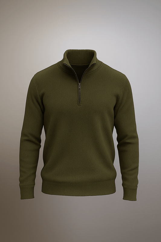 Mens Half Zipper Knitted Long Sleeves Sweater – Olive Green by The Divine Shop - The Divine Shop
