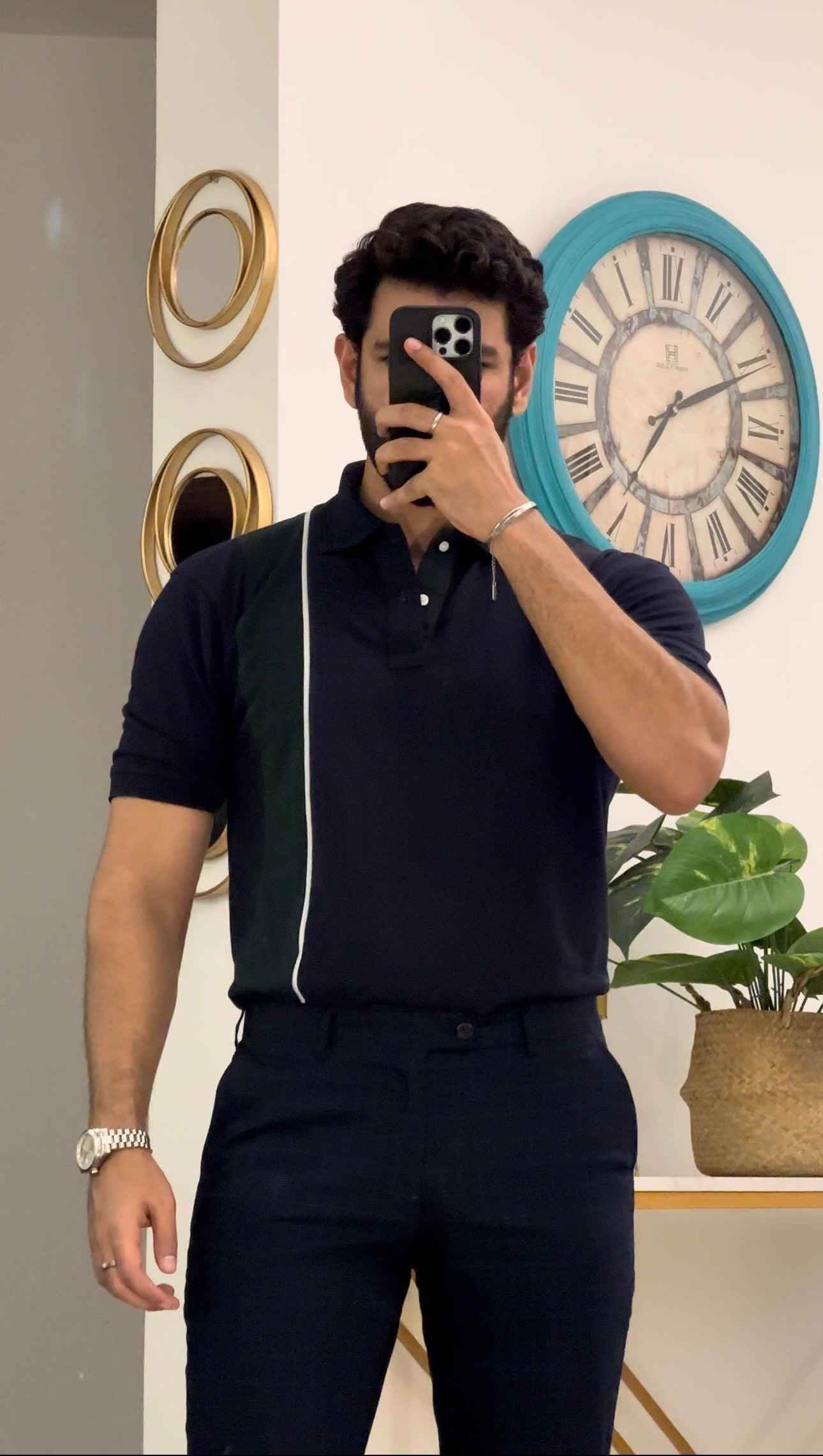Navy blue polo shirt green stripe menswear - The Divine Shop