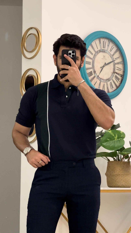 Navy blue polo shirt green stripe menswear - The Divine Shop