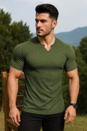 Cotton Knitted Half Sleeves T-Shirt Olive green - The Divine Shop