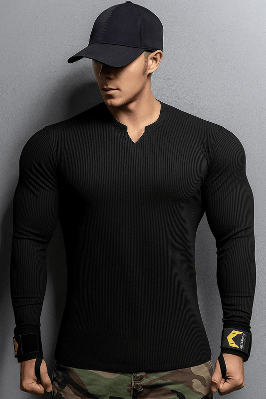 V Shaped Crew Neck Long Sleeves Knitted T-Shirt - The Divine Shop