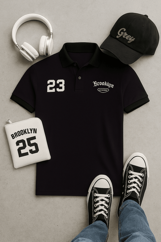 Brookyln printed polo T shirt Navy greish with black collar - The Divine Shop