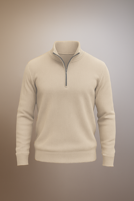 Beige half zipper knitted long sleeves pullover