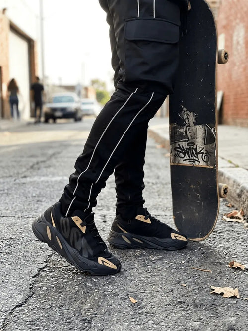 Black cargo pants white stripe hip hop mens - The Divine Shop
