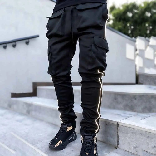 Black cargo pants white stripe hip hop mens The Divine Shop