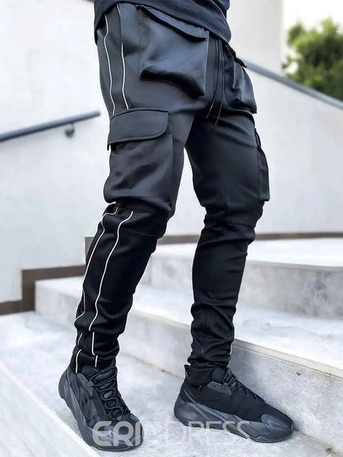 Black cargo pants white stripe hip hop mens The Divine Shop