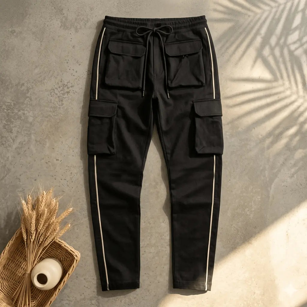 Black cargo pants white stripe hip hop mens - The Divine Shop