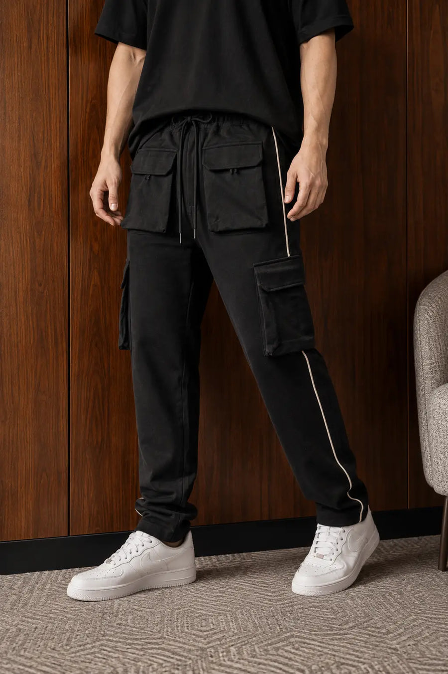 Black cargo pants white stripe hip hop mens