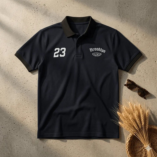 Brookyln printed polo T shirt Navy greish - The Divine Shop