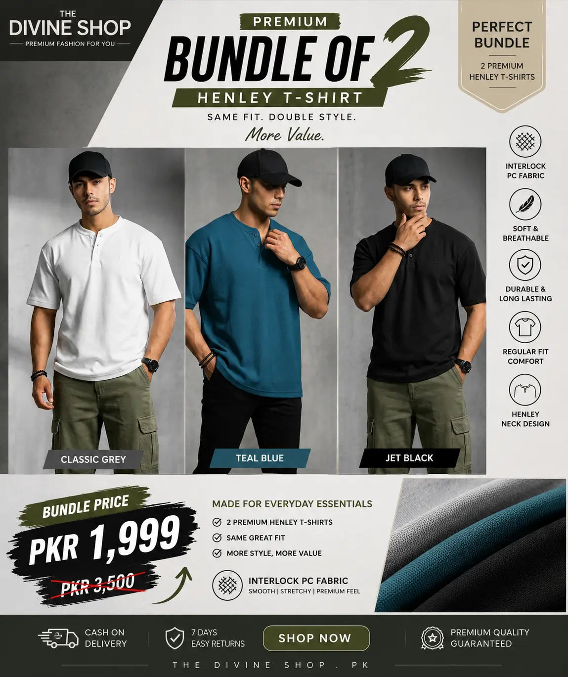 Bundle of 2 –Men’s Slim Fit Henley T-Shirt