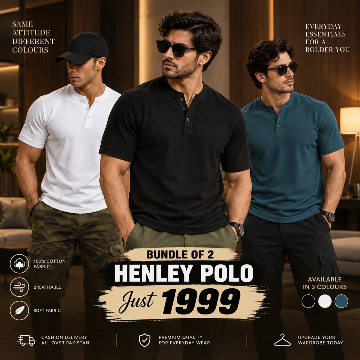 Bundle of 2 –Men’s Slim Fit Henley T-Shirt