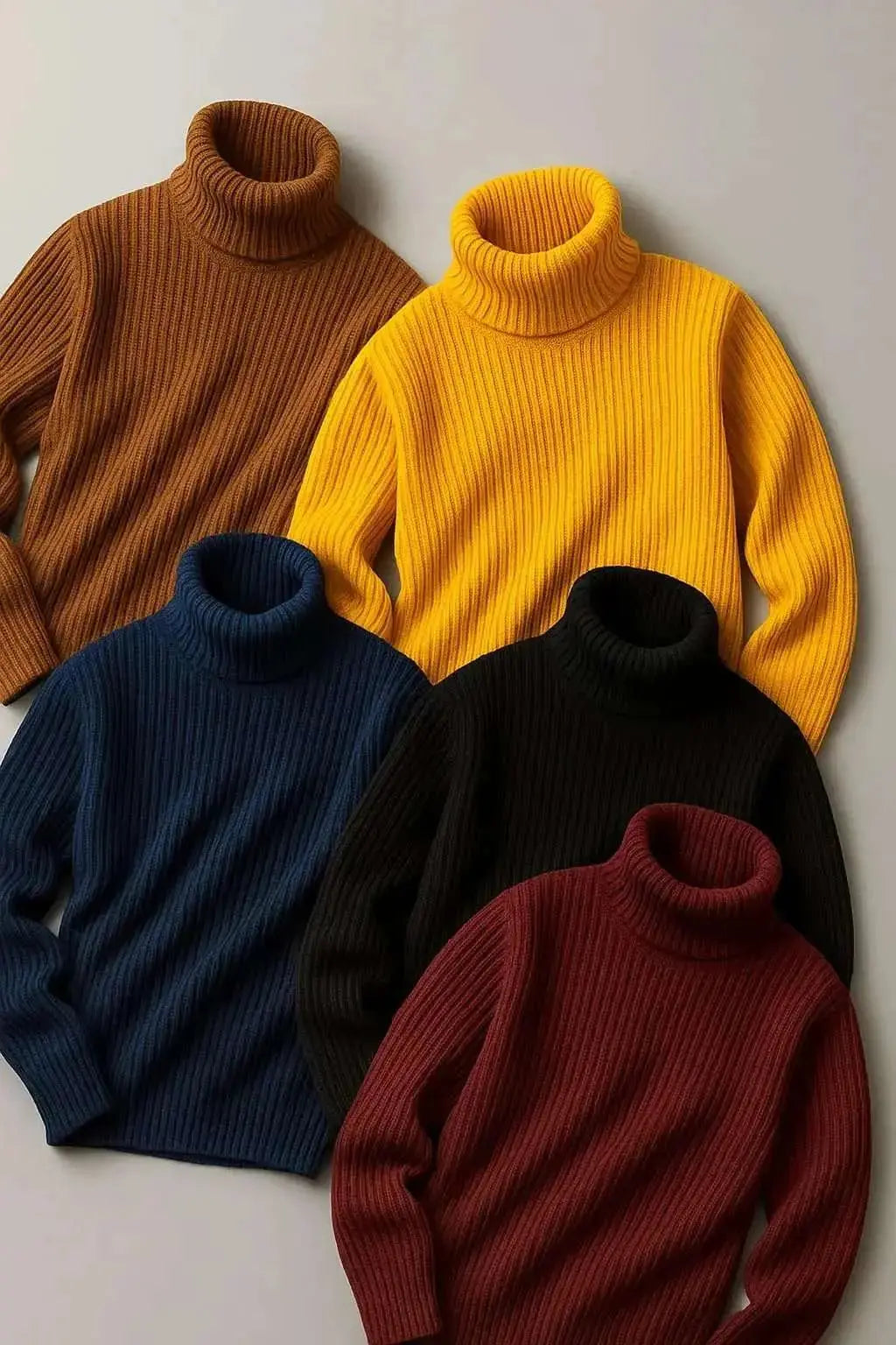 Bundle of 5 folded colourful basic high neck sweaters in brown, mustard, navy, black and maroon — The Divine Shop