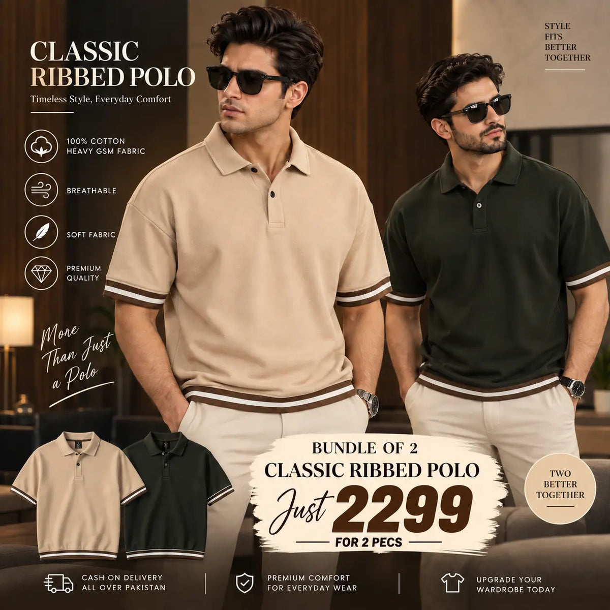 Bundles of 2 Classic Ribbed Drop Shoulder Polo T-Shirt