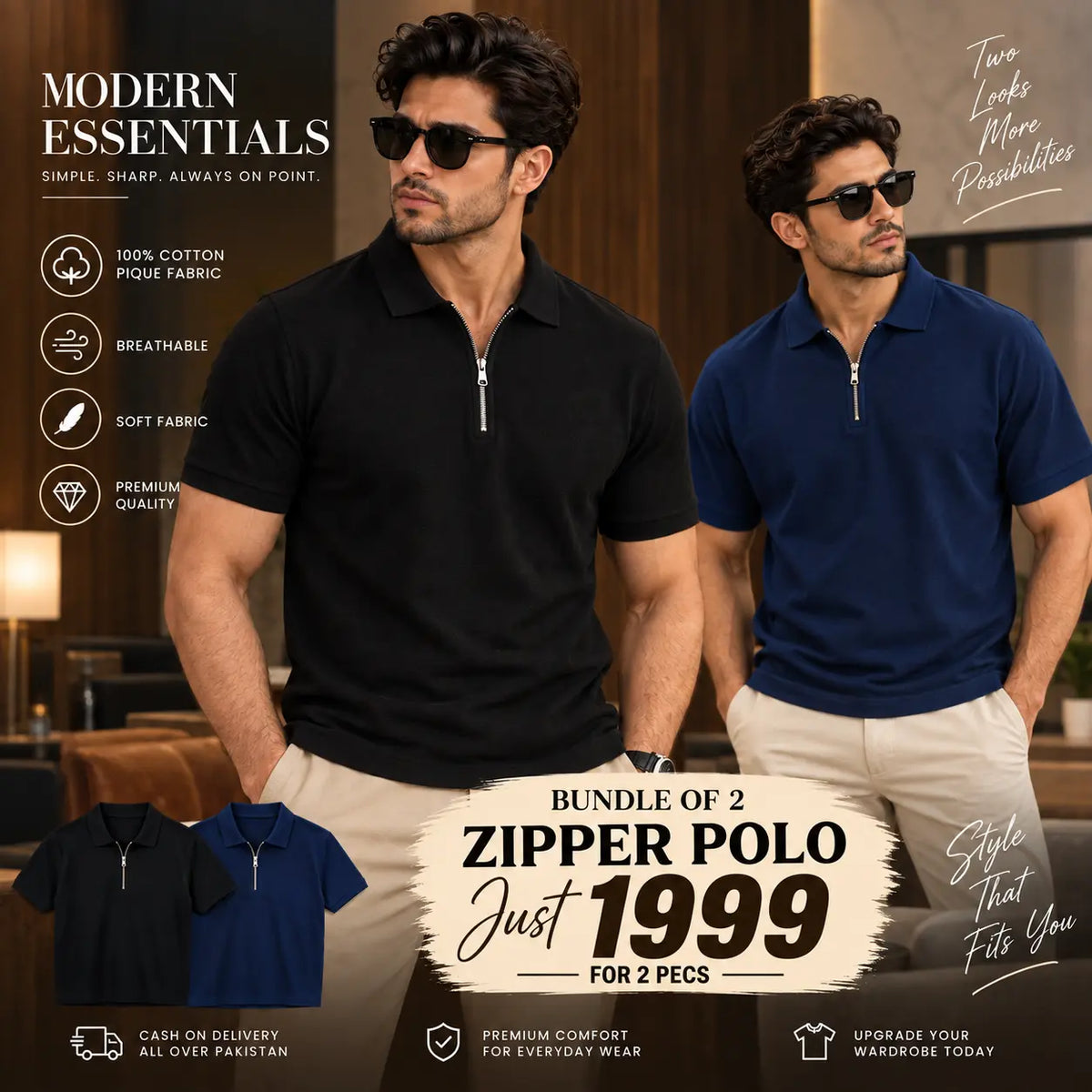 Bundles of 2 –Men’s Zipper Polo T-Shirt