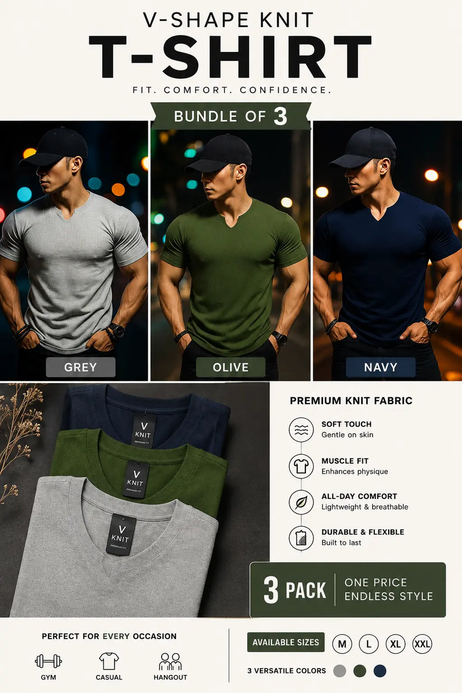 Buy 2 get 1 free Mens fitted v neck knitted tees