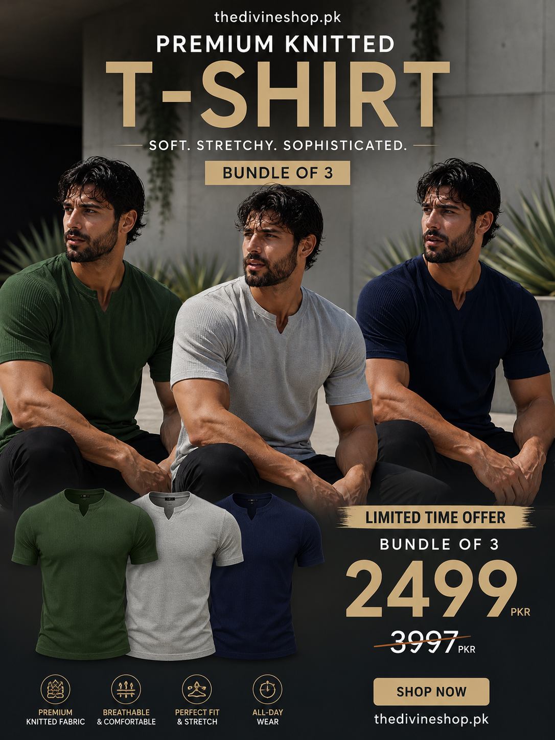 Buy 2 get 1 free Mens fitted v neck knitted tees