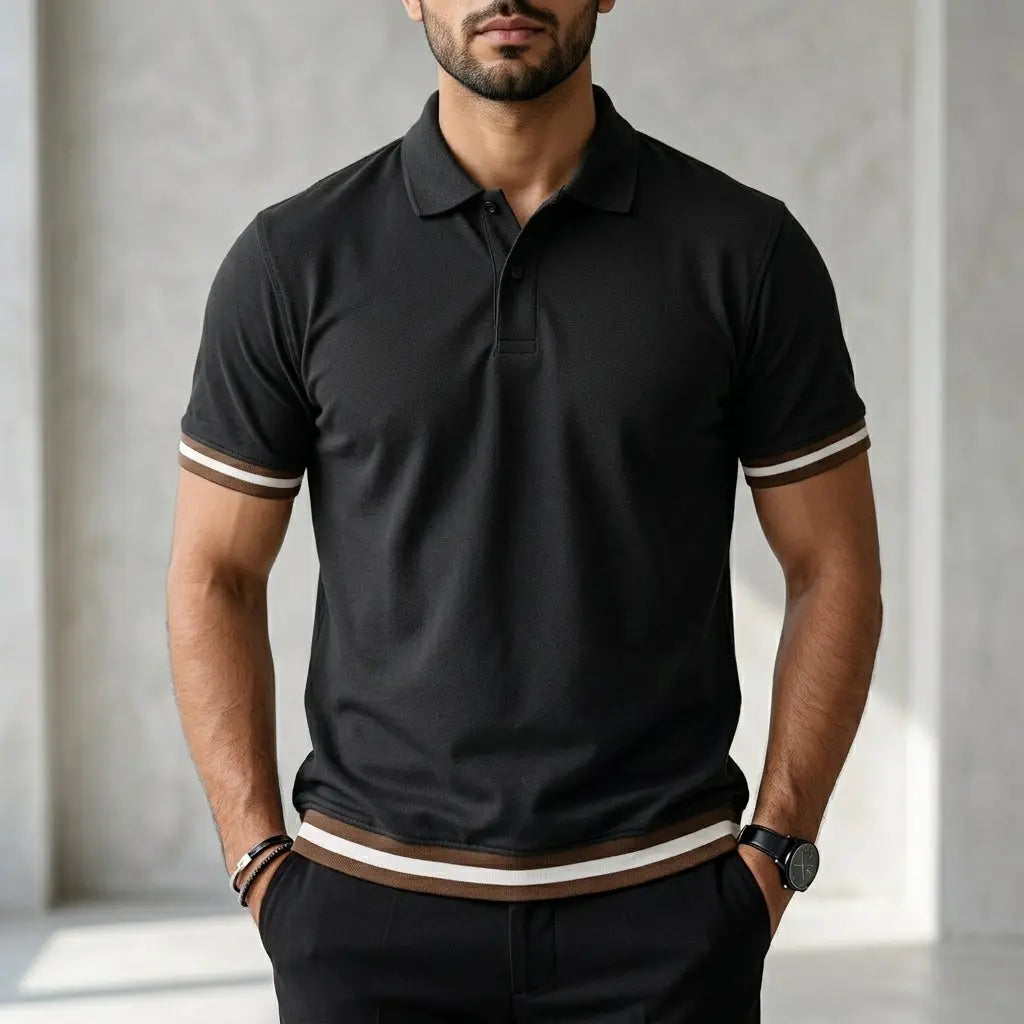 Man wearing a black polo t-shirt with brown and white striped trim on sleeves and hem.