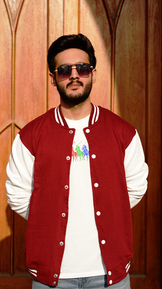 Baseball Jacket Maroon and White - Premium Baseball Jacket from The Divine Shop - Just Rs.2899! Shop now at The Divine Shop