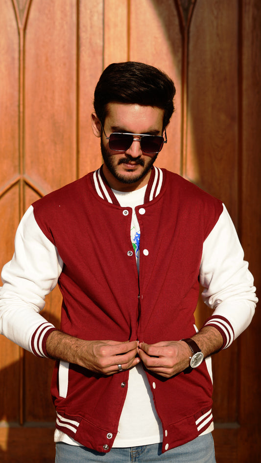 Baseball Jacket Maroon and White - Premium Baseball Jacket from The Divine Shop - Just Rs.2899! Shop now at The Divine Shop