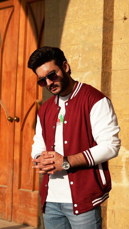 Baseball Jacket Maroon and White - Premium Baseball Jacket from The Divine Shop - Just Rs.2899! Shop now at The Divine Shop