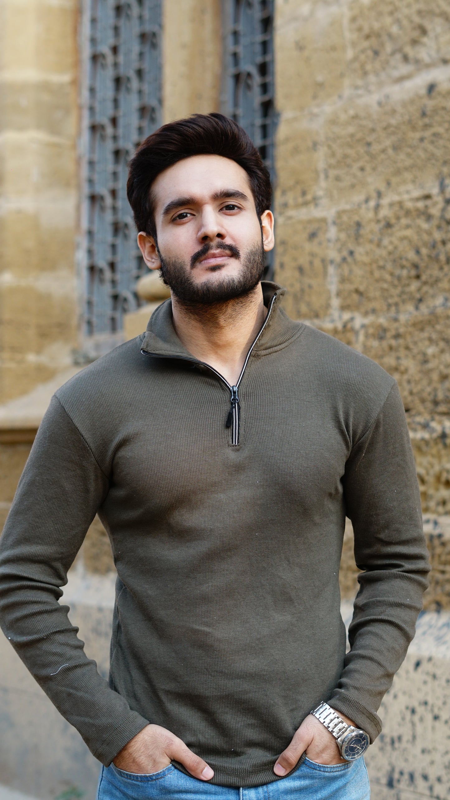 Vintage 1941 Half Zipper Knitted Long Sleeves In Olive Green - Premium Sweatshirts from The Divine Shop - Just Rs.1799! Shop now at The Divine Shop