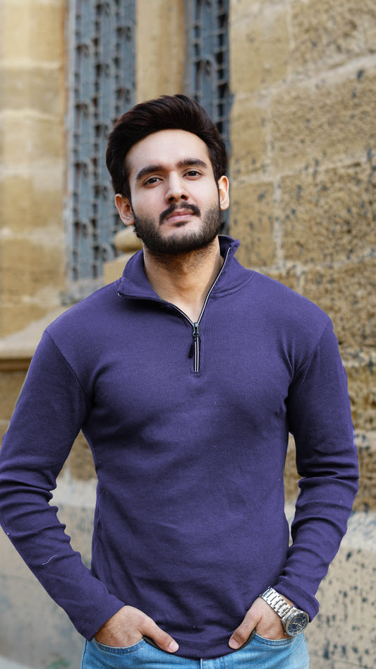 Mens half zipper knitted long sleeves sweater Navy Blue