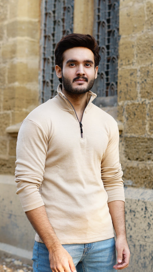 Vintage 1941 Half Zipper Knitted Long Sleeves In Khaki - Premium Sweatshirts from The Divine Shop - Just Rs.1799! Shop now at The Divine Shop