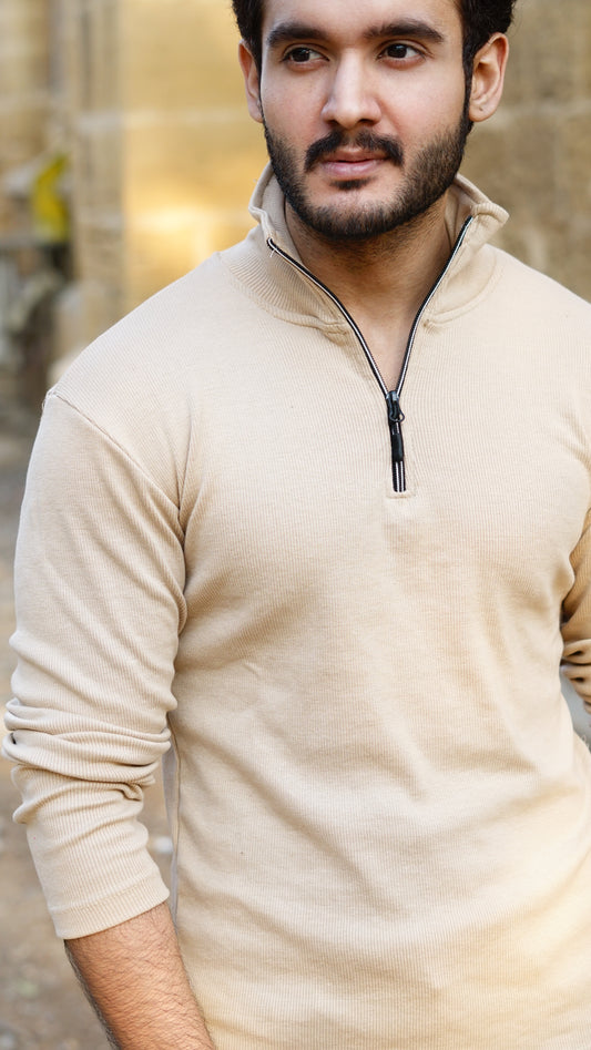 Vintage 1941 Half Zipper Knitted Long Sleeves In Khaki - Premium Sweatshirts from The Divine Shop - Just Rs.1799! Shop now at The Divine Shop