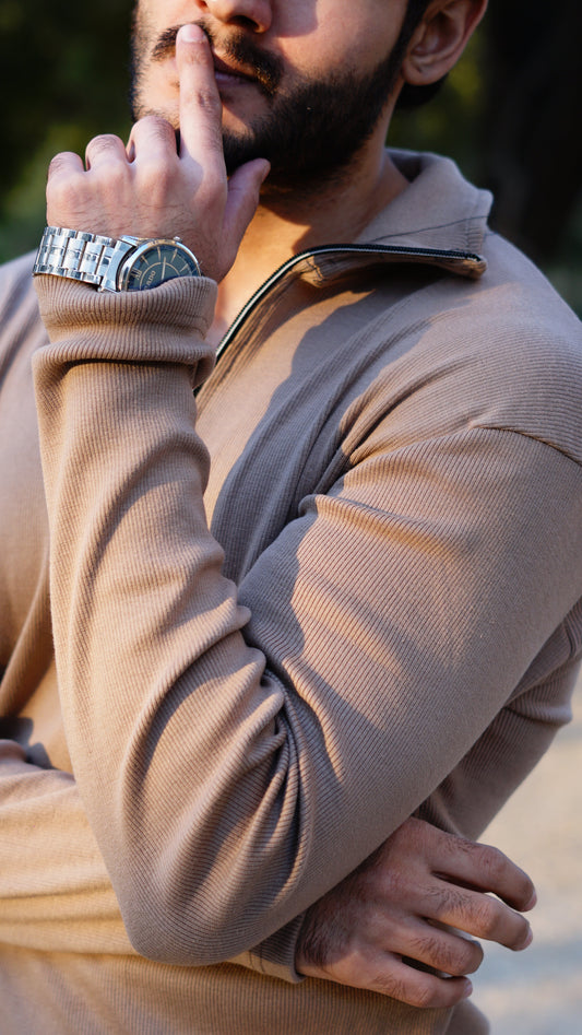 Vintage 1941 Half Zipper Knitted Long Sleeves In Brown - Premium Sweatshirts from The Divine Shop - Just Rs.1799! Shop now at The Divine Shop