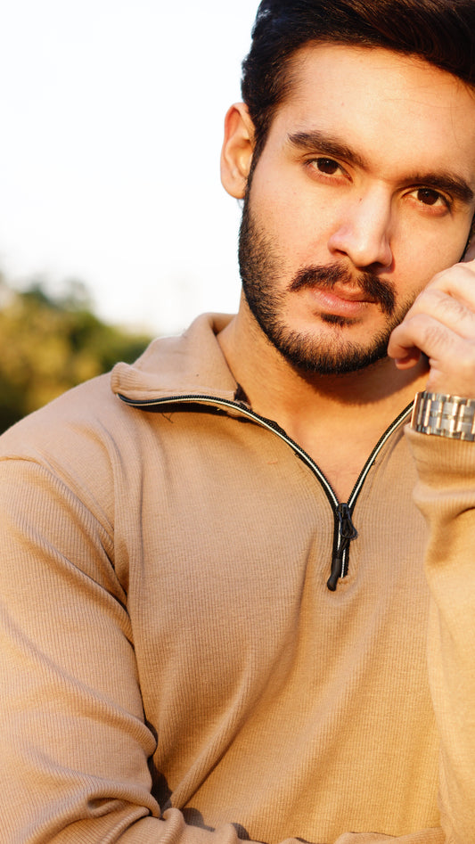 Vintage 1941 Half Zipper Knitted Long Sleeves In Brown - Premium Sweatshirts from The Divine Shop - Just Rs.1799! Shop now at The Divine Shop