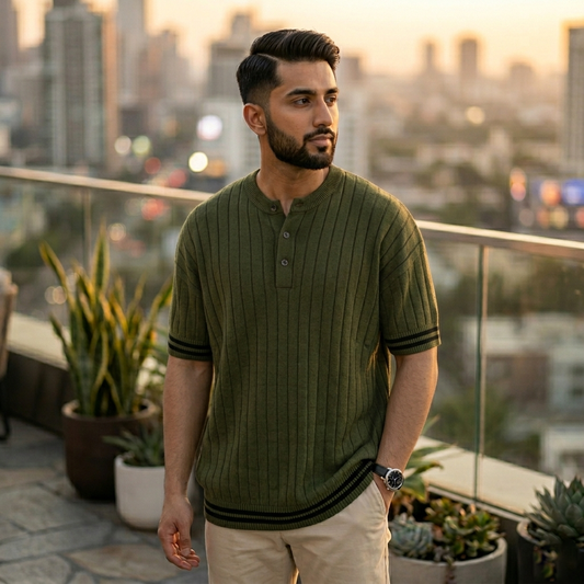Men’s Premium Ribbed Henley T-Shirt – Short Sleeve Casual Summer Wear